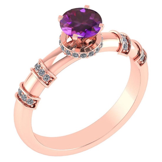 Certified .96 Ctw Genuine Amethyst And Diamond 14k Rose Gold Engagement Ring