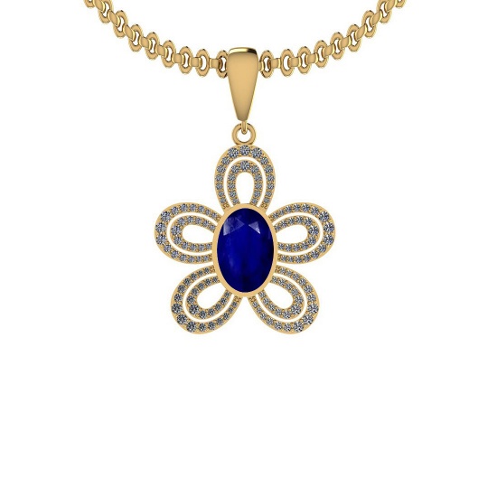 2.90 Ctw SI2/I1 Blue Sapphire And Diamond 14K Yellow Gold Necklace