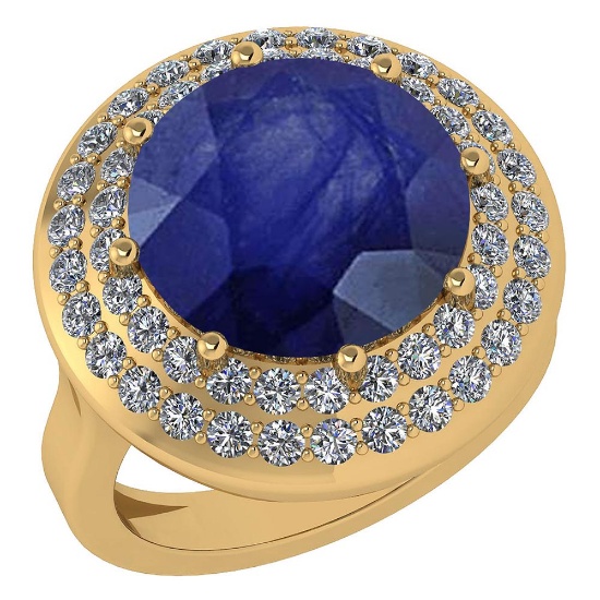 Certified 7.30 Ctw Blue Sapphire And Diamond Halo Ring 14K Yellow Gold