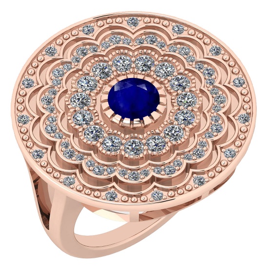 1.34 Ctw I2/I3 Blue Sapphire And Diamond 14K Rose Gold Antique Style Wedding Ring