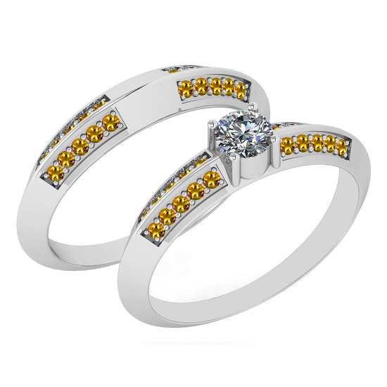 Certified 0.81 Ctw I2/I3 Yellow Sapphire And Diamond 14K White Gold Vintage Style Wedding Band Ring