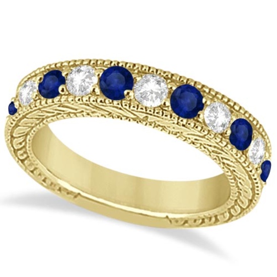 Antique style Diamond and Sapphire Wedding Ring Band 14k Yellow Gold 1.46ctw