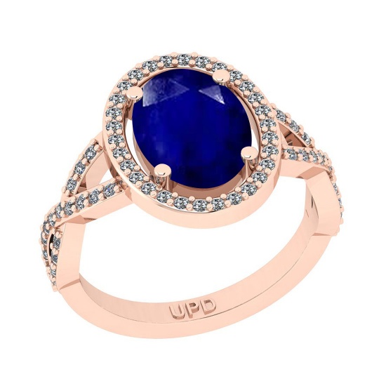 2.90 Ctw SI2/I1Blue Sapphire And Diamond 14K Rose Gold Engagement Halo Ring