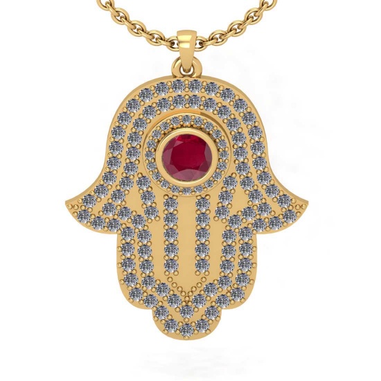 1.97 Ctw SI2/I1 Ruby and Diamond 14K Yellow Gold Pendant Necklace
