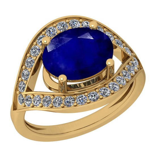 2.42 Ctw I2/I3 Blue Sapphire And Diamond 14K Yellow Gold Ring
