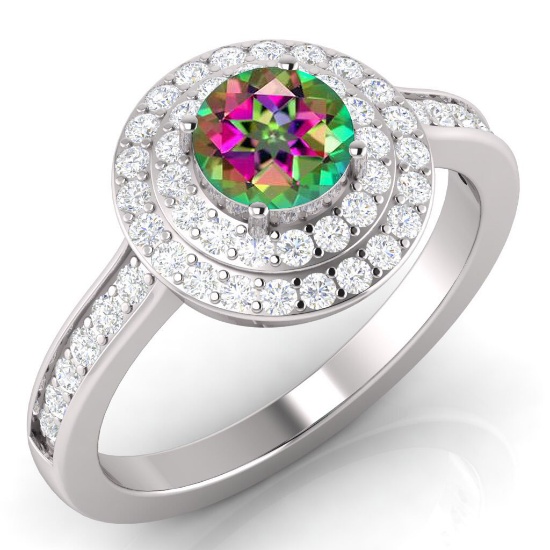 Certified 1.70 CTW Genuine Mystic Topaz And Diamond 14K White Gold Ring