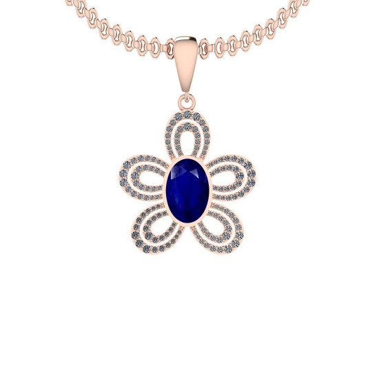 2.90 Ctw SI2/I1 Blue Sapphire And Diamond 14K Rose Gold Necklace