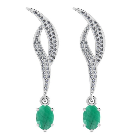 Certified 1.51 Ctw SI2/I1 Emerald And Diamond 14K White Gold Earrings
