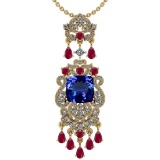 Certified 11.78 Ctw VS/SI1 Tanzanite,RUBY And Diamond 14K Yellow Gold Vintage Style Necklace