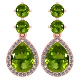 Certified 5.17 Ctw Peridot And Diamond 14k Rose Gold Halo Dangling Earrings