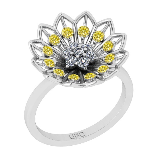 0.65 Ctw i2/i3 Treated Fancy Yellow and White Diamond 14K White Gold Flower Engagement Halo Ring