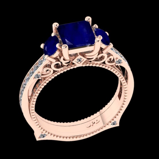 1.96 Ctw VS/SI1 Blue Sapphire And Diamond Prong Set 14K Rose Gold Engagement Filigree Ring