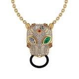 Certified 5.44 Ctw Emerald Ruby Onyx and Diamond VS/SI1 14k Yellow Gold Victorian Style Panther Pend