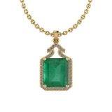 Certified 5.19 Ctw Emerald and Diamond I2/I3 14K Yellow Gold Victorian Style Pendant Necklace