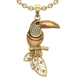 0.40 Ctw Ruby and Treated Fancy Black & white Diamond 14K Yellow Gold bird theme Pendant Necklace