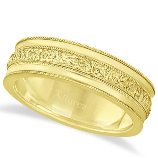 Carved Mens Wedding Ring Diamond Cut Band 18k Yellow Gold 7 mm