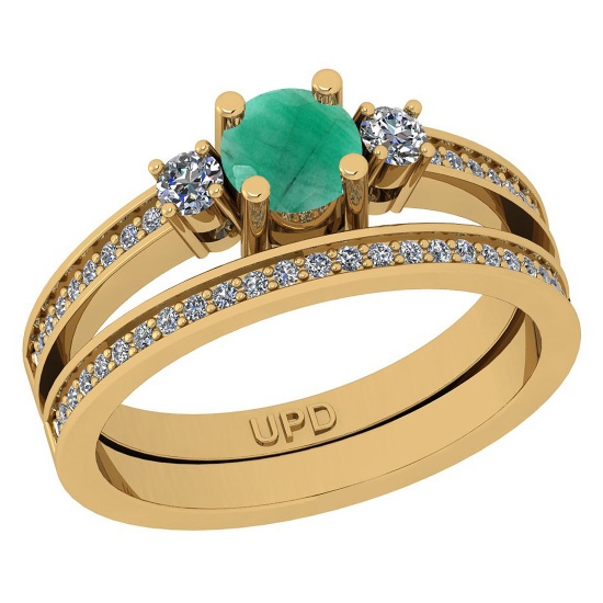 0.83 Ctw SI2/I1 Emerald And Diamond 14K Yellow Gold Wedding Set Ring