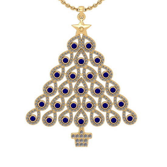 2.89 Ctw SI2/I1 Blue Sapphire and Diamond 14K Yellow Gold Necklace