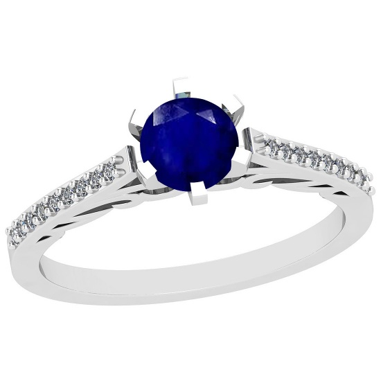 0.66 Ctw I2/I3 Blue Sapphire And Diamond 14K White Gold Ring
