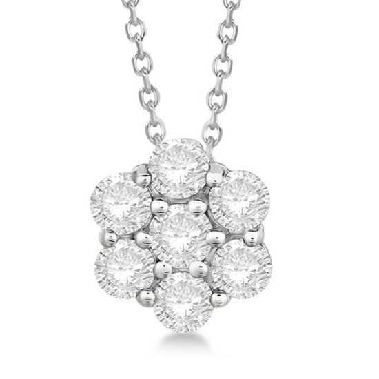 Cluster Diamond Flower Pendant Necklace 14K White Gold 1.50ctw