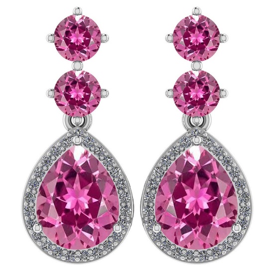 Certified 5.17 Ctw Pink Tourmaline And Diamond 14k White Gold Halo Dangling Earrings