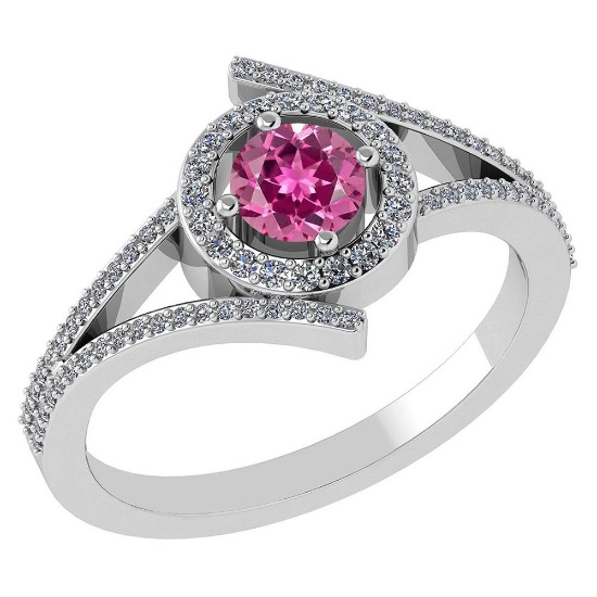 0.73 Ctw Pink Tormaline And Diamond 14k White Gold Halo Ring