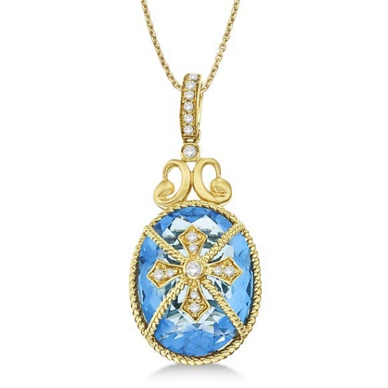 Blue Topaz and Diamond Byzantine Pendant Necklace 14k Yellow Gold 9.36ctw
