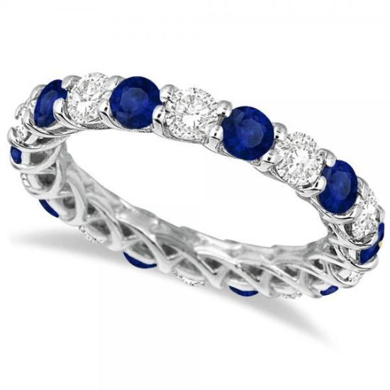 Luxury Diamond and Blue Sapphire Eternity Ring Band 14k White Gold 4.20ctw