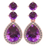 Certified 5.17 Ctw Amethyst And Diamond 14k Rose Gold Halo Dangling Earrings