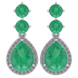 Certified 5.17 Ctw Emerald And Diamond 14k White Gold Halo Dangling Earrings