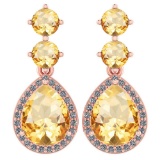 Certified 5.17 Ctw Citrine And Diamond 14k Rose Gold Halo Dangling Earrings