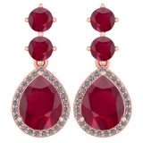 Certified 5.17 Ctw Ruby And Diamond 14k Rose Gold Halo Dangling Earrings