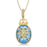 Blue Topaz and Diamond Byzantine Pendant Necklace 14k Yellow Gold 9.36ctw