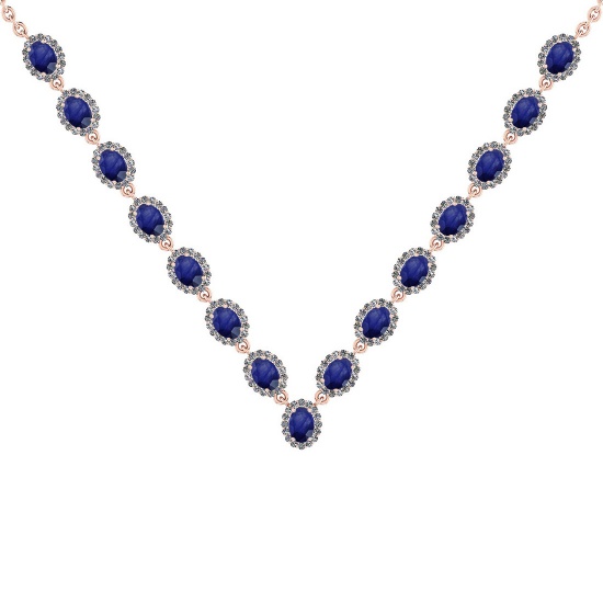37.75 Ctw SI2/I1 Blue Sapphire And Diamond 14K Rose Gold Victorian Style Necklace