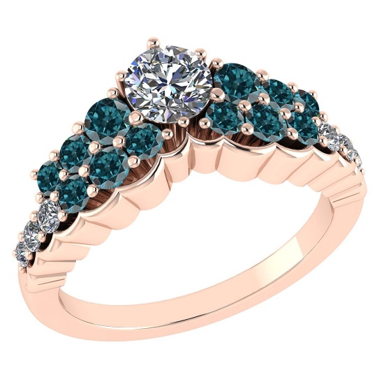 Certified 1.35 Ctw I2/I3 Treated Fancy Blue And White Diamond 14K Rose Gold Vintage Style Anniversar