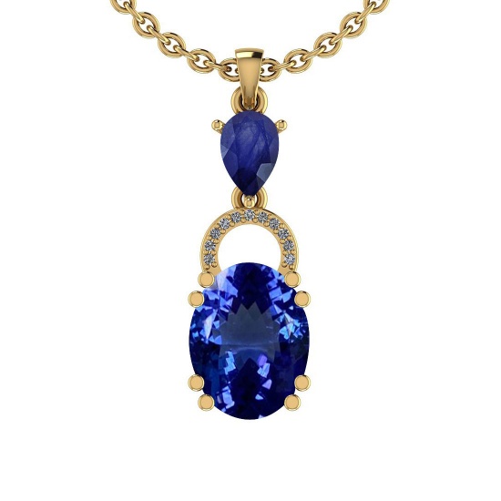 Certified 5.36 Ctw VS/SI1 Tanzanite,Blue Sapphire And Diamond 14K Yellow Gold Vintage Style Necklace