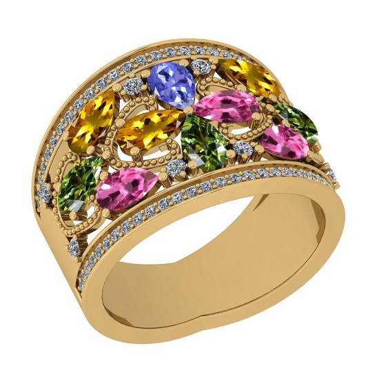 Certified 2.90 Ctw I2/I3 Multi Sapphire, tanzanite And Diamond 10K Yellow Gold Band Ring