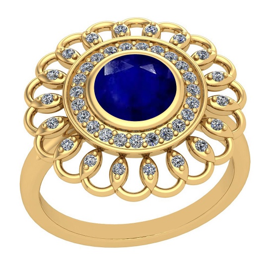 1.49 Ctw I2/I3 Blue Sapphire And Diamond Style Prong&Bezel Set 14K Yellow Gold Ring