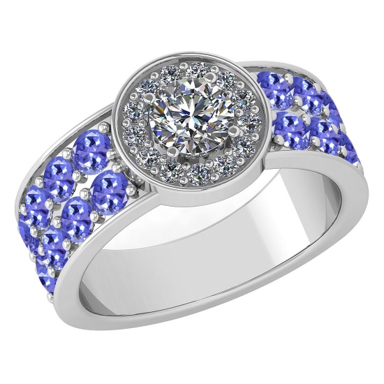 Certified 2.08 Ctw I2/I3 Tanzanite And Diamond 14K White Gold Victorian Style Engagement Halo Ring