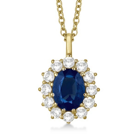 Oval Blue Sapphire and Diamond Pendant Necklace 14k Yellow Gold 3.60ctw