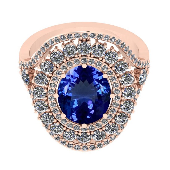 Certified 4.08 Ctw VS/SI1 Tanzanite And Diamond 14K Rose Gold Victorian Style Bridal Halo Ring