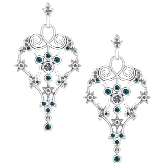 Certified 0.61 Ctw I2/I3 Treated Fancy Blue And White Diamond 14K White Gold Victorian Style Earring