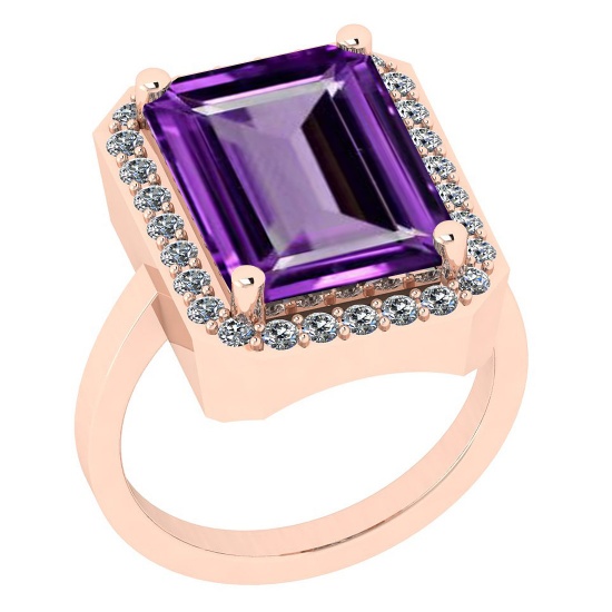 Certified 5.74 Ctw Amethyst And Diamond I1/I2 14K Rose Gold Vintage Anniversary Ring