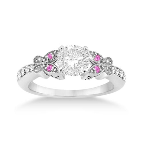 Butterfly Diamond and Pink Sapphire Engagement Ring 14k White Gold 1.20ctw