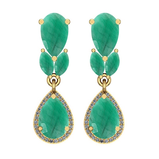 6.79 Ctw VS/SI1 Emerald And Diamond 14K Yellow Gold Dangling Earrings