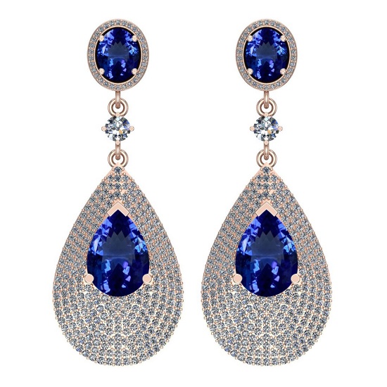 Certified 16.50 Ctw VS/SI1 Tanzanite And Diamond 14k Rose Gold Vingate Style Dangling Earrings