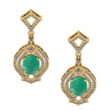 6.20 Ctw VS/SI1 Emerald And Diamond 14K Yellow Gold Dangling Earrings (ALL DIAMOND ARE LAB GROWN )