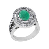 2.67 Ctw SI2/I1 Emerald And Diamond 14K White Gold two Row Engagement Halo Ring