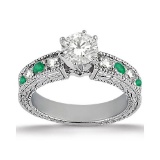 Antique style Diamond and Emerald Engagement Ring 14k White Gold 1.80ctw