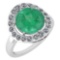Certified 4.08 Ctw Emerald And Diamond Halo Ring 14K White Gold